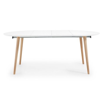 Oqui uitschuifbare ronde tafel, MDF wit gelakt 120 naturel, witte lak