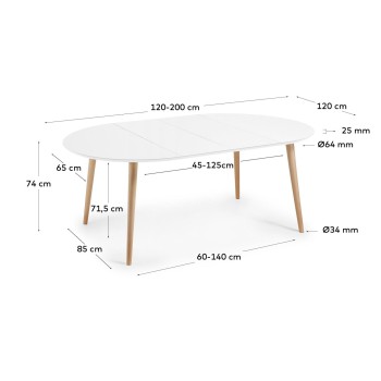 Oqui uitschuifbare ronde tafel, MDF wit gelakt 120 naturel, witte lak
