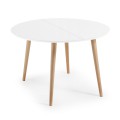Oqui uitschuifbare ronde tafel van naturel wit gelakt MDF