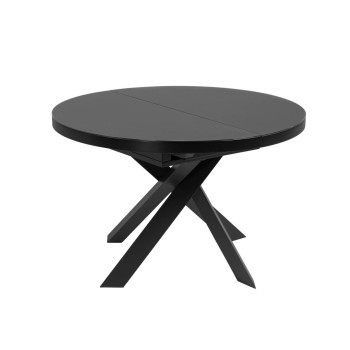 Vashti uitschuifbare ronde tafel van glas met stalen poten, zwarte afwerking, Ø 120 (160) cm