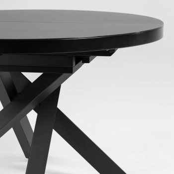 Vashti uitschuifbare ronde tafel van glas met stalen poten, zwarte afwerking, Ø 120 (160) cm