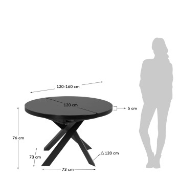 Vashti uitschuifbare ronde tafel van glas met stalen poten, zwarte afwerking, Ø 120 (160) cm