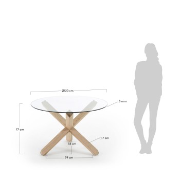 Ronde Lotus tafel van glas met houten poten.