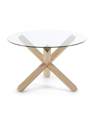 Ronde Lotus tafel van glas met houten poten.