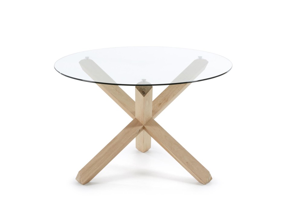 Ronde Lotus tafel van glas met houten poten.