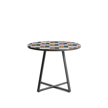 Ronde tafel Tella van grafietkleurig gegalvaniseerd staal met veelkleurige tegels, Ø90 cm