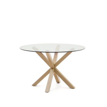Ronde glazen tafel Argo met stalen poten in houtlook, Ø 119 cm