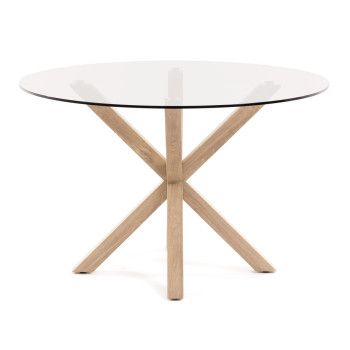 Ronde glazen tafel Argo met stalen poten in houtlook, Ø 119 cm
