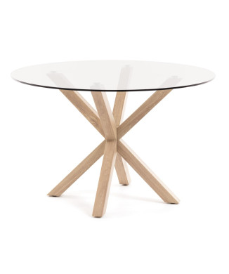 Ronde glazen tafel Argo met stalen poten in houtlook, Ø 119 cm