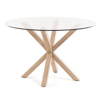 Ronde glazen tafel Argo met stalen poten in houtlook, Ø 119 cm