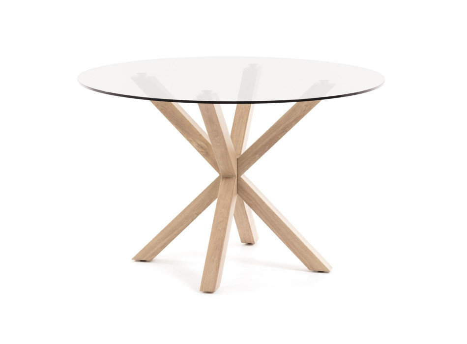 Ronde glazen tafel Argo met stalen poten in houtlook, Ø 119 cm