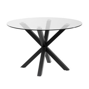 Ronde Argo-tafel van glas met stalen poten en zwarte afwerking, Ø 119 cm