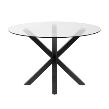 Ronde Argo-tafel van glas met stalen poten en zwarte afwerking, Ø 119 cm