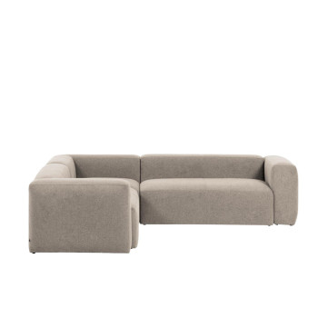 Sofá de canto Blok de 4 lugares em chenille bege, 290 x 290 cm, certificado FSC Mix Credit.