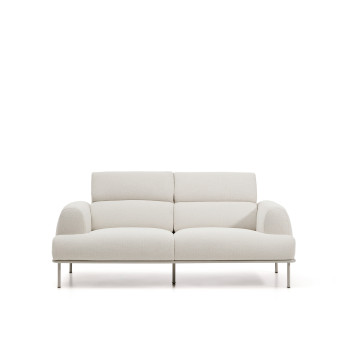 Sofá Aurum de 2 lugares em chenille cru com cabeceira reclinável e base metálica bege fosco, 214 cm, certificado FSC Mix Credit.