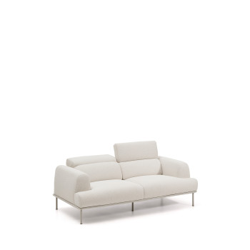 Sofá Aurum de 2 lugares em chenille cru com cabeceira reclinável e base metálica bege fosco, 214 cm, certificado FSC Mix Credit.