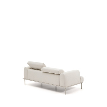 Sofá Aurum de 2 lugares em chenille cru com cabeceira reclinável e base metálica bege fosco, 214 cm, certificado FSC Mix Credit.