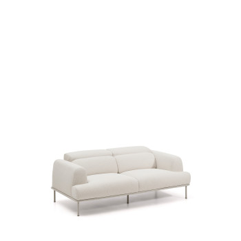 Sofá Aurum de 2 lugares em chenille cru com cabeceira reclinável e base metálica bege fosco, 214 cm, certificado FSC Mix Credit.