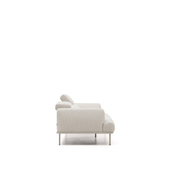 Sofá Aurum de 2 lugares em chenille cru com cabeceira reclinável e base metálica bege fosco, 214 cm, certificado FSC Mix Credit.