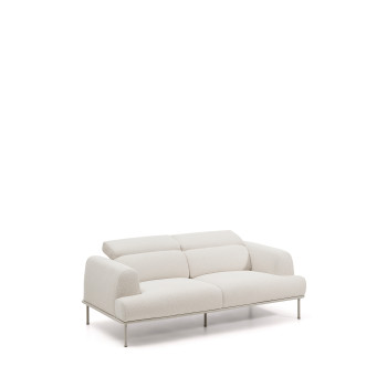 Sofá Aurum de 2 lugares em chenille cru com cabeceira reclinável e base metálica bege fosco, 214 cm, certificado FSC Mix Credit.