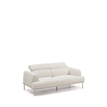 Sofá Aurum de 2 lugares em chenille cru com cabeceira reclinável e base metálica bege fosco, 214 cm, certificado FSC Mix Credit.