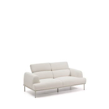 Sofá Aurum de 2 lugares em chenille cru com cabeceira reclinável e base metálica bege fosco, 214 cm, certificado FSC Mix Credit.