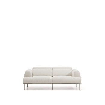 Sofá Aurum de 2 lugares em chenille cru com cabeceira reclinável e base metálica bege fosco, 214 cm, certificado FSC Mix Credit.