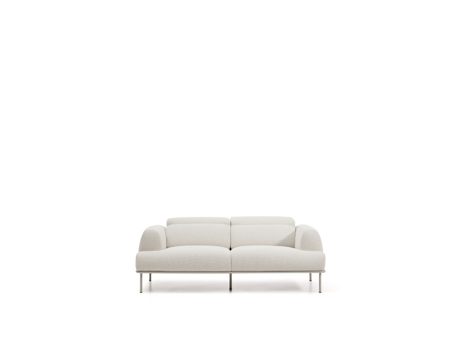 Sofá Aurum de 2 lugares em chenille cru com cabeceira reclinável e base metálica bege fosco, 214 cm, certificado FSC Mix Credit.