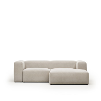 Sofá Blok de 2 lugares em chenille bege com chaise longue à direita, 240 cm, certificado FSC Mix Credit.