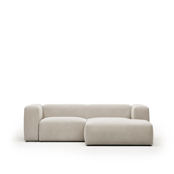 Sofá Blok de 2 lugares em chenille bege com chaise longue à direita, 240 cm, certificado FSC Mix Credit.