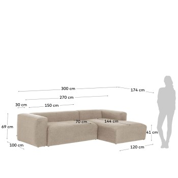 Sofá de 3 lugares Blok com chaise longue à direita, bege, 300 cm