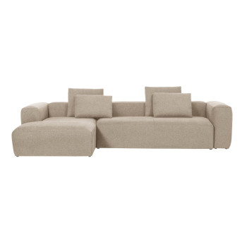 Sofá Blok de 4 lugares em chenille bege com chaise longue à esquerda, 330 cm, certificado FSC Mix Credit.
