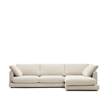 Sofá Gala de 4 lugares em chenille bege com chaise longue à direita, certificado FSC Mix Credit, 300 cm