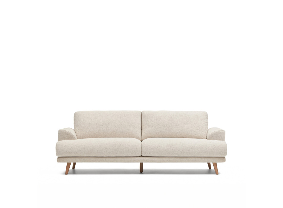 Sofá Karin de 3 lugares bege com pés de madeira maciça de faia, 231 cm