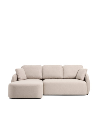 Sofá-cama Laira de 3 lugares em chenille bege com chaise longue à esquerda, 246 cm, certificado FSC Mix Credit.