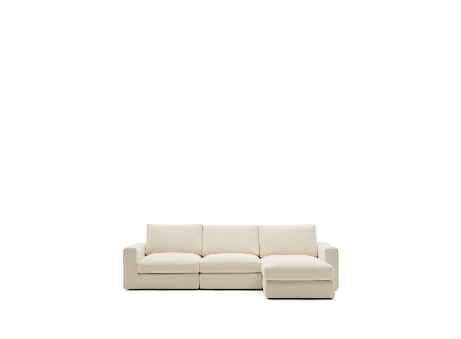 Sofá modular Alea de 4 lugares com capa removível em chenille, chaise longue à direita, cor cru, 310 cm