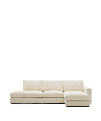Sofá modular Alea de 5 lugares com capa removível em chenille, chaise longue à direita, cor cru, 340 cm
