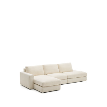 Sofá modular Alea de 5 lugares com capa removível em chenille, chaise longue à esquerda, cor cru, 340 cm