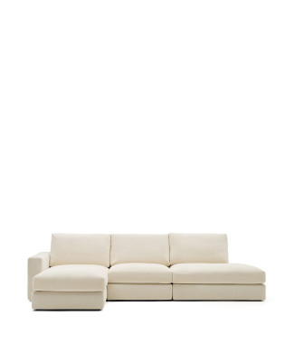 Sofá modular Alea de 5 lugares com capa removível em chenille, chaise longue à esquerda, cor cru, 340 cm