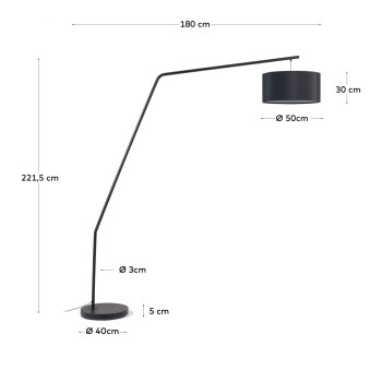 Luminária de chão Ciana em metal com acabamento preto e luminária de teto em algodão.