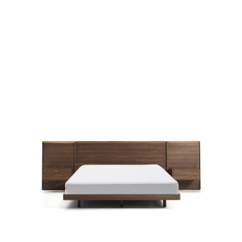Cama Norlen com 2 mesas de cabeceira em folheado de nogueira com acabamento escuro e luz LED para o colchão 160 x 200 cm FSC Mix Credit