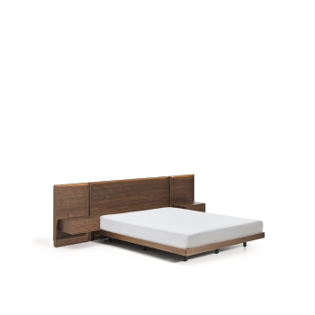 Cama Norlen com 2 mesas de cabeceira em folheado de nogueira com acabamento escuro e luz LED para o colchão 160 x 200 cm FSC Mix Credit