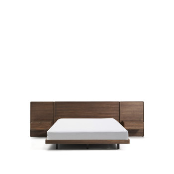 Cama Norlen com 2 mesas de cabeceira em folheado de nogueira com acabamento escuro e luz LED para o colchão 160 x 200 cm FSC Mix Credit