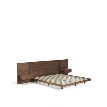 Cama Norlen com 2 mesas de cabeceira em folheado de nogueira com acabamento escuro e luz LED para o colchão 180 x 200 cm FSC Mix Credit