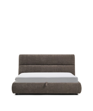 Cama Dafra com capa removível em chenille marrom escuro e compartimento com abertura para colchão de 180 x 200 cm.