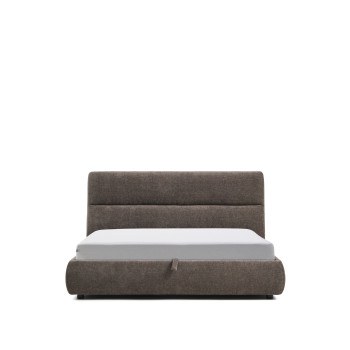 Cama Dafra com capa removível em chenille marrom escuro e compartimento com abertura para colchão de 180 x 200 cm.