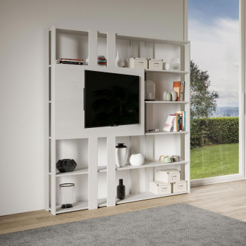 Suporte para TV com Estante Kato - Composição N Kato 6R 6 tiras longas 2 tiras curtas 2 tiras médias Painel de TV Branco Freixo