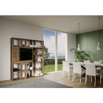 Suporte para TV com Estante Kato - Composição N Kato 6R 6 tiras longas 2 tiras curtas 2 tiras médias Painel de TV Branco Freixo