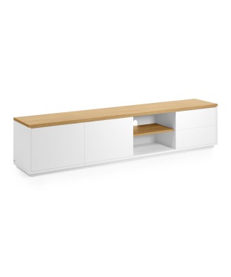 Móvel de TV Abilen com 2 portas e 2 gavetas, em folheado branco, 200 x 44 cm, certificado FSC 100%.