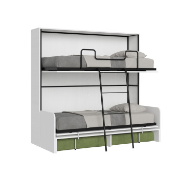 Mod.Kando Cama de casal com sofá - Cama de casal dobrável Kando com sofá em freixo branco e verde.